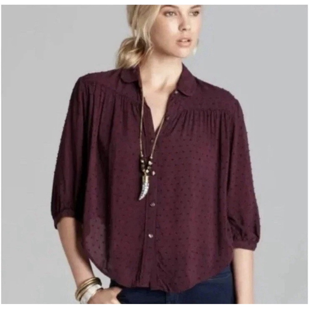 Free People Women's Maroon 3/4 Sleeve Button Up Blouse‎ Size Small